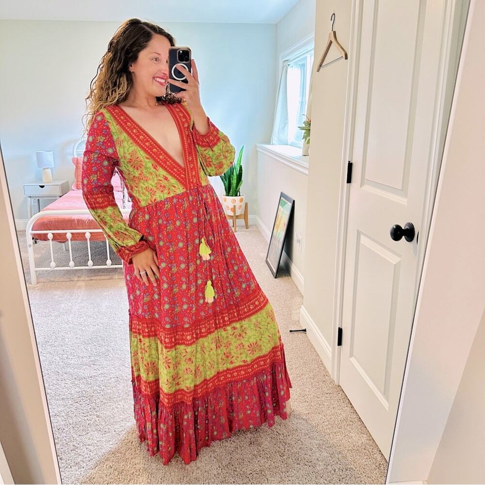 Anthropologie Raga Pink Green Floral Long Sleeve Boho Tassel Maxi Dress Sexy S